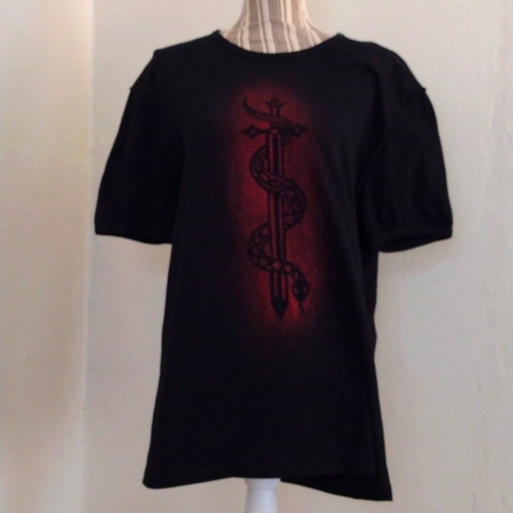 Krush Vintage Black Tee Red Glitter Sword & Snake Graphic Fits Size L